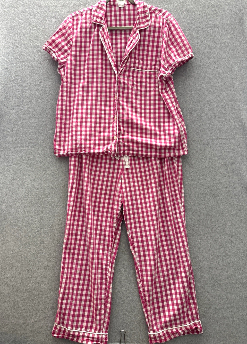 J. Crew 100% Cotton Gingham Plaid Pajamas Set Sz L Pink White Womens Preppy Cute